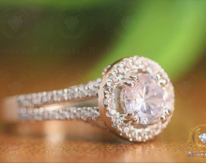 2.78CT Round Cut Colorless Moissanite Halo Engagement Split Shank Pave Set Wedding Ring, Anniversary Ring, Engagement Ring, Promise Ring