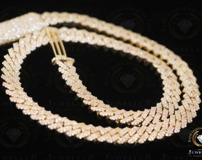 38.92CT VVS1 Moissanite Miami 2 line Cuban Chain,  10mm Alternate Real Diamond Hip Hop Cuban Link Cuban, Iced Out Cuban Yellow Gold Plated
