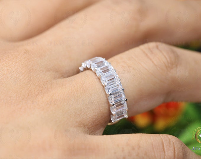 5.34Carat Half Eternity Colorless Emerald Cut Moissanite Wedding Band, White Gold Wedding Ring For Her, Anniversary Band / Promise Band