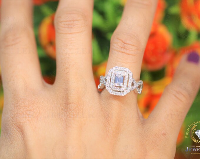 3.12CTW Colorless Emerald Cut Moissanite Enagement Ring, Moissanite Wedding Ring, Double Halo Split Shank Moissanite Ring, White Gold Ring