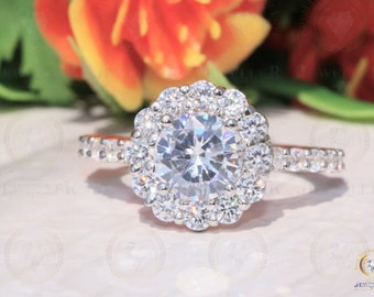 Round Colorless Moissanite Halo Ring/ Certified Paved Moissanite Ring / 14K White Gold Engagement Ring/ Anniversary Ring For Her