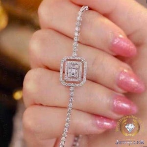 6.78CTW Iced Out Colorless Baguette & Round Moissanite Bracelet For Men 10K White Gold Bracelet Tennis Style Bracelet, Hip Hop Bracelet