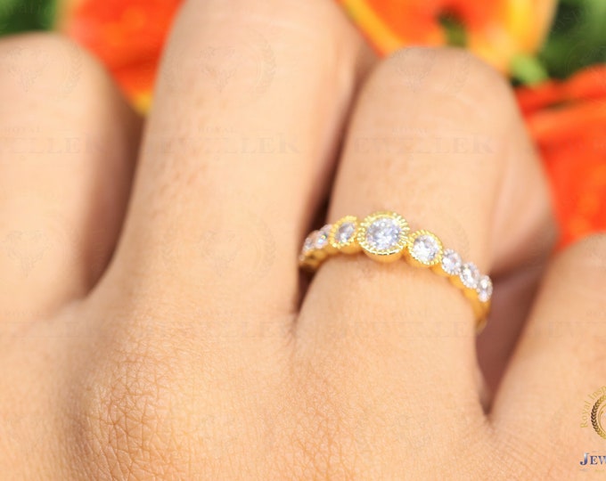 Colorless Round Cut Moissanite Ring 14k Gold Half Eternity Wedding Band Diamond Alternative Bezel Set Milgrain Stacking Rings Stackable