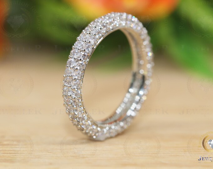 2.19CT Paved Wedding Band Women's Sparkle Forever One DEF Moissanite Band 3 Side Paved White Gold Matching Wedding Band Unique Eternity Band