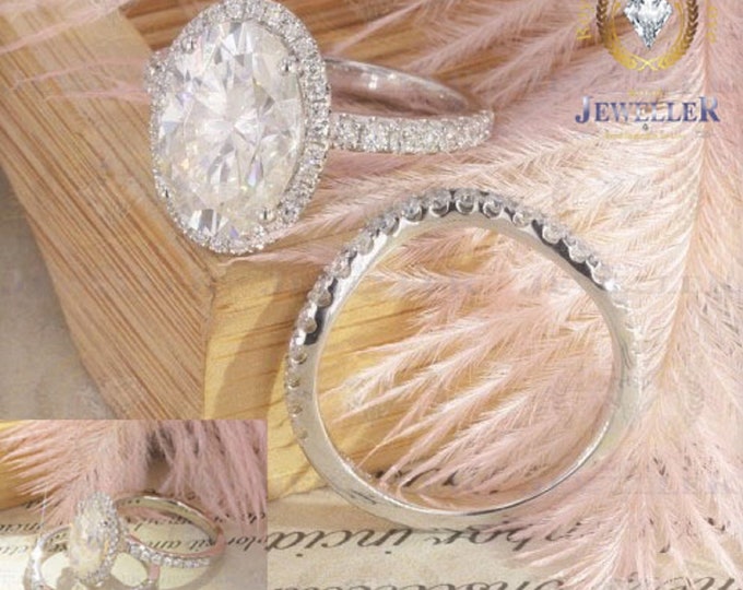 5.7CTW Forever One EF Color Moissanite Oval Cut Bridal Set Halo Engagement Ring Set With Contoured Band In Gold Solid 14kt Wedding Ring Set