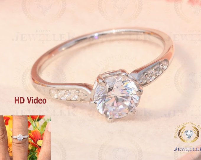1.65CT Round Colorless Moissanite Side Real Diamond 6 Prong White Gold Ring Moissanite Engagement Ring For Her , Gift For Her ,Surprise Gift