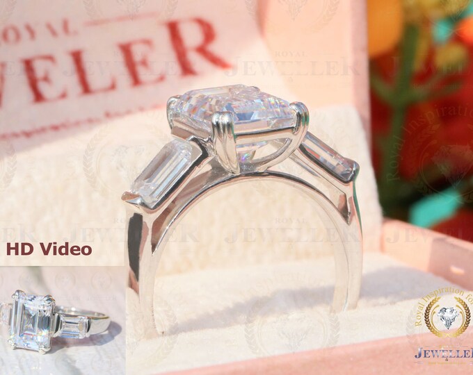 4.93CTW Emerald Cut Colorless Moissanite Ring, Three Stone Engagement Ring, Side Tapered Baguette Moissanite, Claw Prongs, Anniversary Gift
