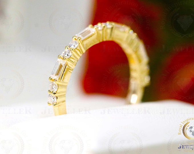 Double Round Straight Baguette Colorless Moissanite Eternity Band Half Eternity, Three-quarters and Full Eternity 14k, 18k Yellow Gold Ring
