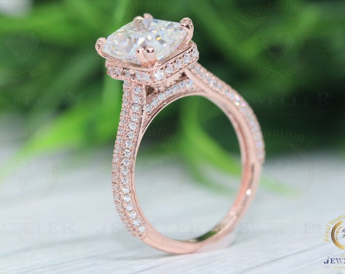 3.83ct Radiant Cut Hidden Halo Colorless Moissanite Engagement Ring, Moissanite Wedding Ring, Cathedral Setting, 14Kt Rose Gold Ring For Her