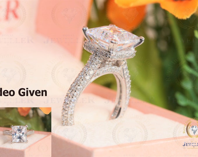 3.89CT Princess Cut Moissanite Hidden Halo Engagement Ring, Princess Cut Moissanite Ring, Solitaire With Accent Wedding Ring, 14K White Gold