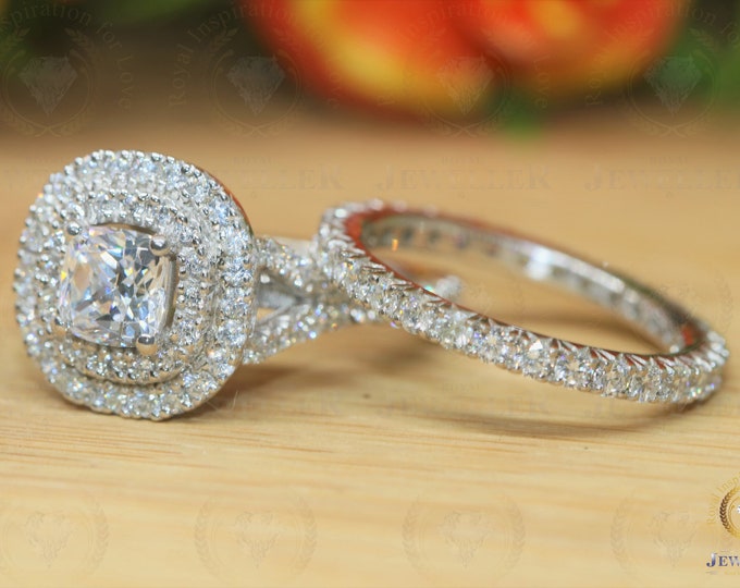 4.34CTW Cushion Colorless  Moissanite Twist Shank Engagement Ring, Double Halo Moissanite Bridal Sets, French Paved Setting 14Kt White Gold