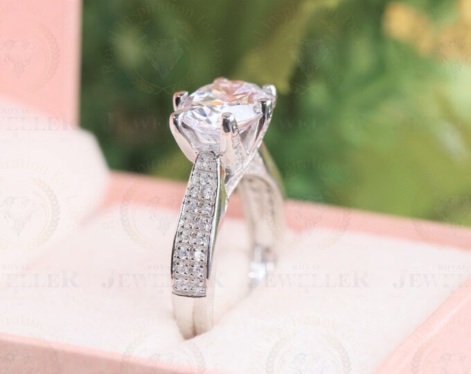 3.89CTW Oval Moissanite Engagement Ring, 14K White Gold Paved Solitaire