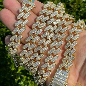 14mm Baguette 82.21CTW Moissanite Prong Link Chain VVS1/DEF Color Moissanite Cuban Hip Hop Rapper Iced Out 22" Chain 925 Yellow Gold Plated