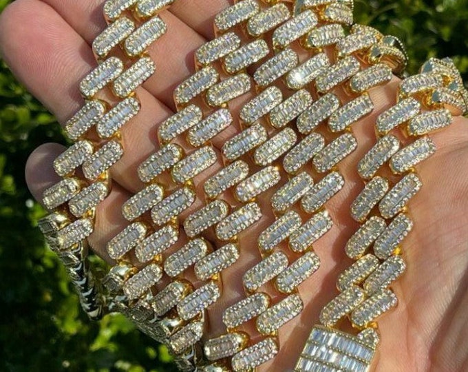 14mm Baguette 82.21CTW Moissanite Prong Link Chain VVS1/DEF Color Moissanite Cuban Hip Hop Rapper Iced Out 22" Chain 925 Yellow Gold Plated
