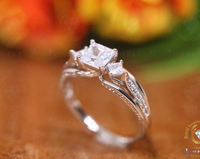 Three Stone Princess Colorless Moissanite Engagement Ring, Moissanite Wedding Ring, Art Deco Ring, Moissanite Engagement Ring, 950 Platinum