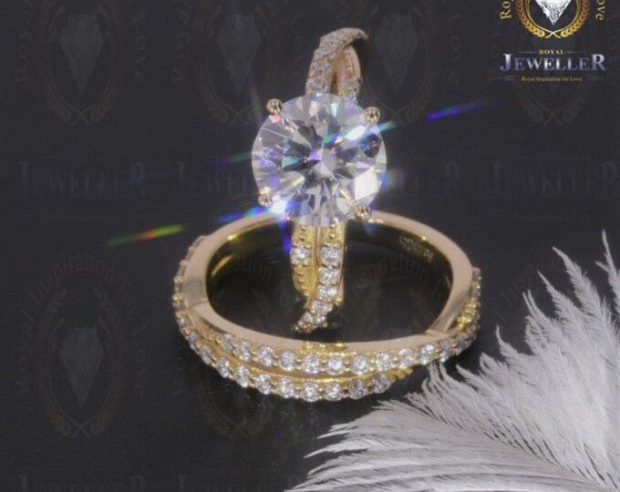 3.67CTW Criss Cross Twisted Round Colorless Genuine Moissanite Engagement Ring Set, Wedding Bridal Ring Set In Gold, Moissanite On Side