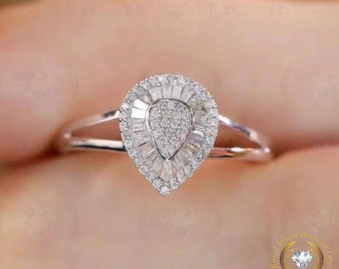 2.86CT Pear Cut Moissanite Ring, Colorless Moissanite Engagement Ring, Round and Tapper Baguette Double Halo Moissanite Ring, Wedding Ring