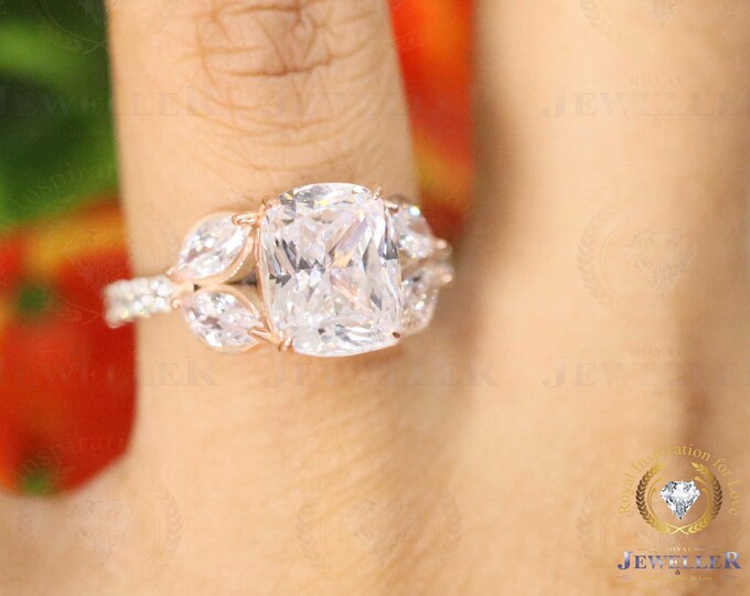Elongated Cushion Cut Ring Three Stone Engagement Ring 14K Rose-White Gold,Marquise Side Moissanite Wedding Ring, Anniversary Ring For Women