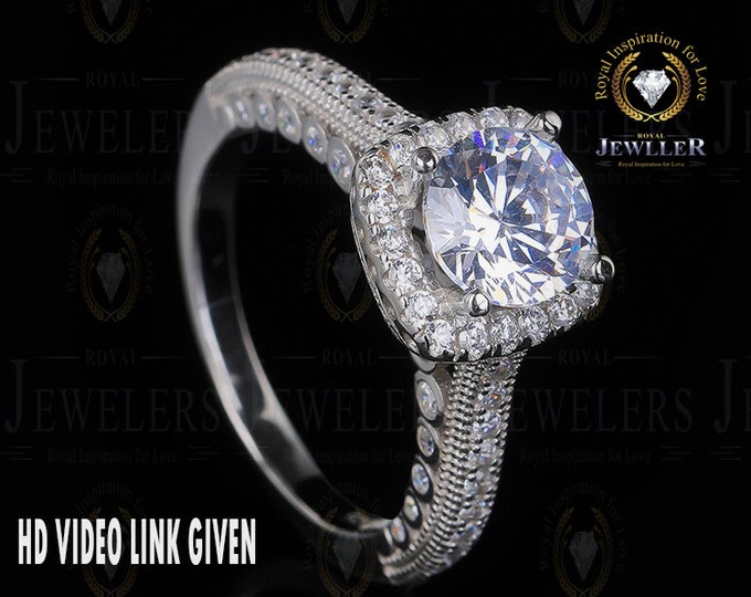 Round Forever One Moissanite Engagement Ring, Moissanite Gold Halo Ring, Moissanite Wedding Ring, Art Deco Ring, Promise Ring,Bridal Ring