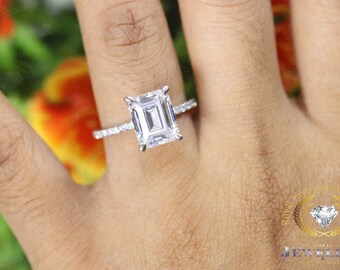 3.78CTW Emerald Cut Moissanite Engagement Ring, 14k White Gold Anniversary Ring