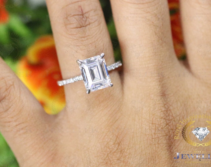 3.78CTW Emerald Cut Colorless VVS Moissanite Engagement Ring in Solid White 10K/14k/18k Gold,Emerald Cut Solitaire Anniversary Ring For Her