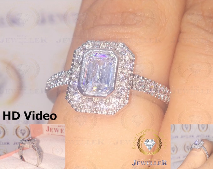 2.27 CT Emerald Colorless Moissanite Wedding Ring Bezel Setting Engagement Ring Bezel Halo Ring 14Kt White Gold Moissanite Accented Ring