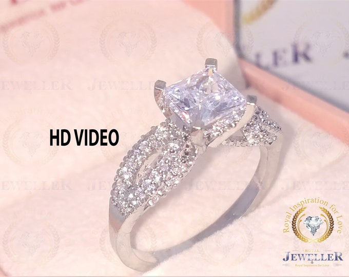 Colorless Moissanite Engagement Ring White Gold Princess Shape Moissanite Ring Halo Unique Design ring Twisted Moissanite wedding Bridal Set