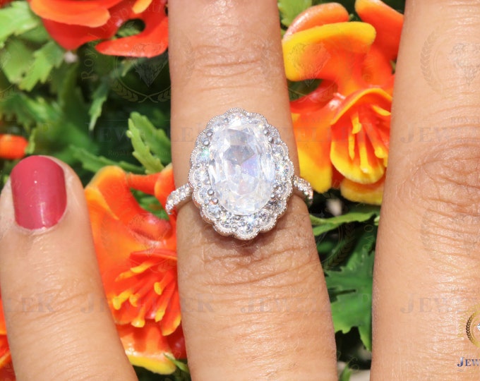 5.54CTW Oval Colorless Old European Cut Moissanite Halo Bridal Engagement Ring, Channel Setting, Prong Shank White White Gold Ring For Gift