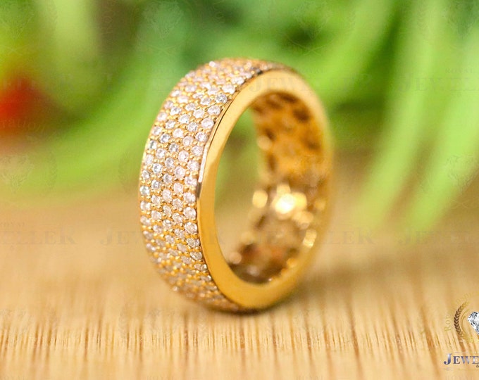 Round Colorless Moissanite Wedding Band, 5 Row Micro Pave Full Eternity Band Ring, Eternity Band, Art Deco Ring, Gift Her, 14Kt Yellow Gold