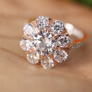 6.23TCW Round Colorless Moissanite Cluster Halo Engagement Ring, Flower Style Wedding Ring, Cathedral Set Anniversary Ring For Gift