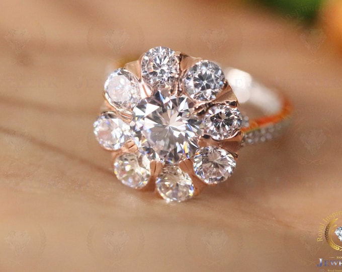 6.23TCW Round Colorless Moissanite Cluster Halo Engagement Ring, Flower Style Wedding Ring, Cathedral Set Anniversary Ring For Gift