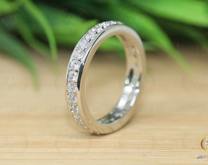 3.32CTW Surface Channel set wedding band 14k White Gold, Colorless Moissanite Round Cut Band, Matching Eternity Band, Prong Set Wedding Band