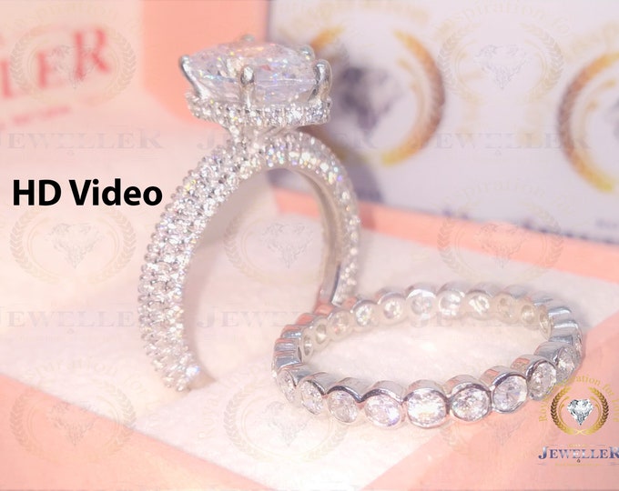 5.76 TW Pear Cut EF Color Moissanite Wedding Set, Comfort Fit Eternity Band, Brilliant Wedding Ring Set, Solid White Gold Set, Bridal Set