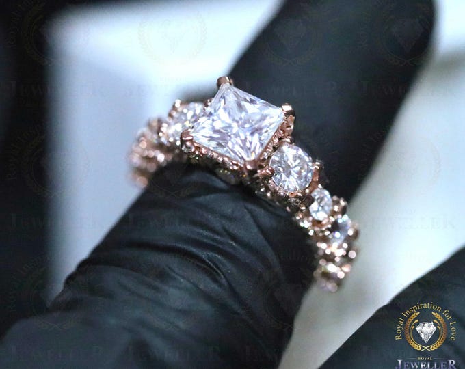 6.21Ctw Square Cut VVS1 Colorless DEF Moissanite Paved Delicate Rose Gold 14Kt Wedding Ring, Round Cut Bridal Ring For Special Gift For Her
