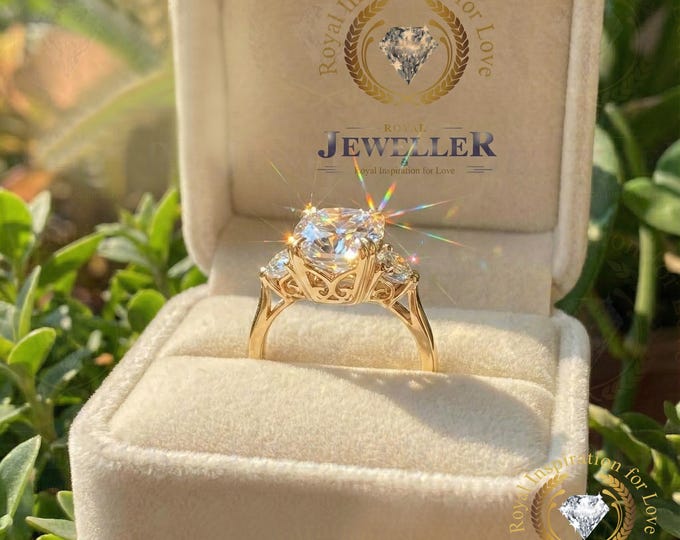 4.56TCW Cushion VVS Moissanite Three Stone 14Kt Yellow Gold Ring