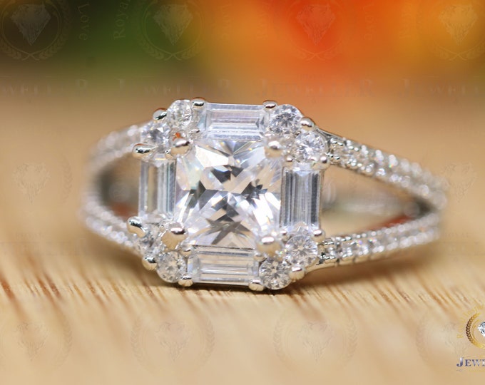 3.56CTW Asscher Cut DEF Colorless Moissanite Halo Baguette Engagement Ring, Spilt Shank Side Moissanite 14K White Gold Wedding Ring For Her