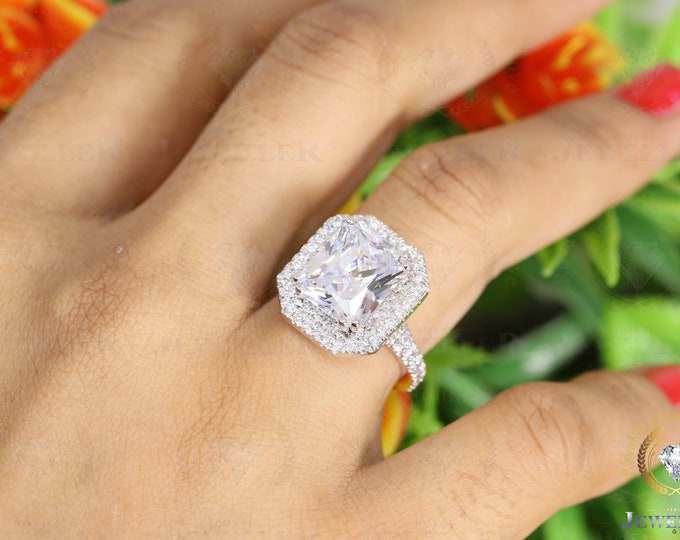 Radiant 5.67CTW Colorless Moissanite Ring, Halo Sparkle Engagement Ring,Split Shank Halo Ring, Bridal Wedding Ring, Anniversary Ring For Her