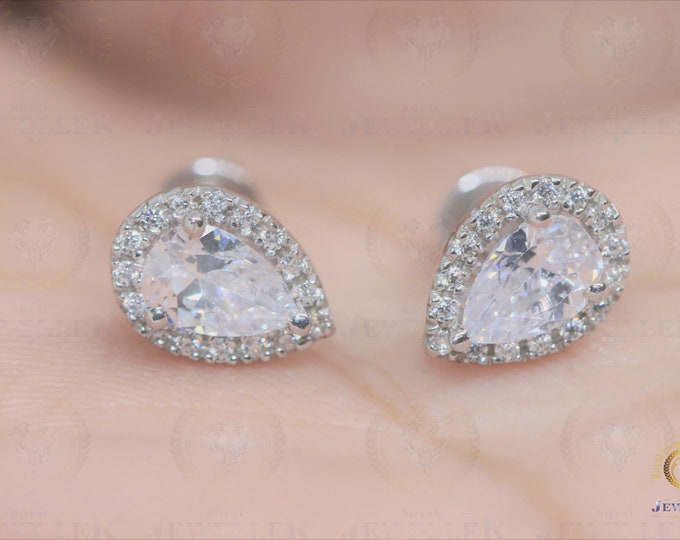 1.12CTW Halo Stud Earring, Colorless Pear Cut Moissanite 14Kt White Gold, Dainty & Gorgeous Moissanite Studs, Best special gift for wife/mom