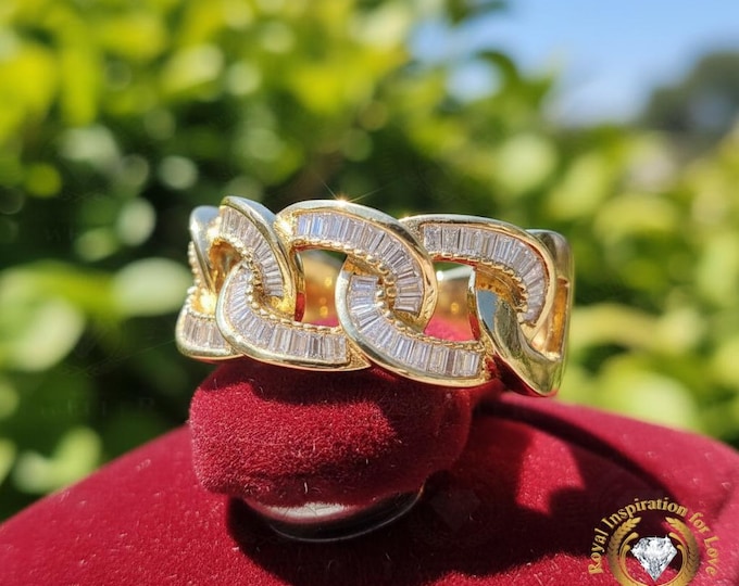 14K Gold Baguette VVS1 Moissanite Cuban Chain Ring, Hip Hop Style Eternity Band