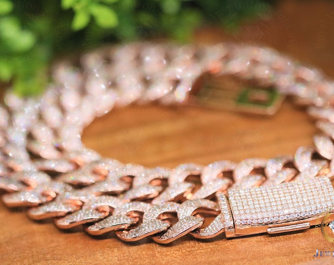 16mm 53.32CTW VVS1/Colorless Moissanite Alternate Real Diamond Cuban Link Chain, Hip Hop Rapper Round Link , Iced Out 20" Rose Gold Plated
