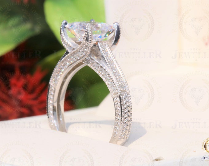 2.67Ctw Princess Colorless Moissanite Ring Milgrain Setting Ring Engagement Ring, 14K White Gold Ring Antique Bridal Wedding Ring For Her