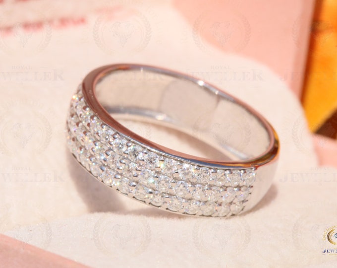 2.12CTW Round Cut Colorless Moissanite Band, Half Eternity Band, Prong Setting Band, Wedding Moissanite Paved, 14KT White Gold Band For Gift