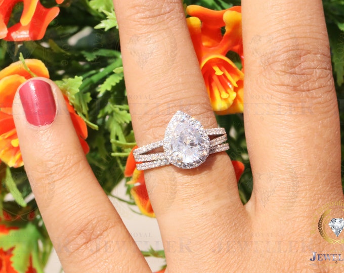 3.29CTW Colorless Pear Moissanite Engagement Ring, Matching Wedding Band,Halo Wedding Moissanite Bridal Set, Anniversary Ring Set For Her