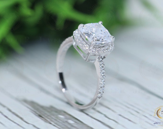 2.67 CT Cushion Cut Colorless Moissanite Engagement Ring, Moissanite Halo Pave Set Ring, Custom Wedding Ring, Unique Cut Designer Ring