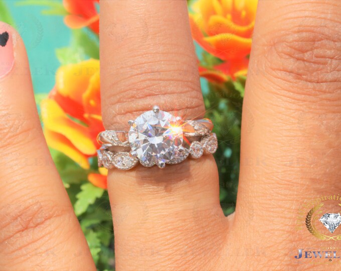3.87TCW Round Cut Colorless Moissanite Solitaire Six Prong Engagement Ring with Stackable Milgrain Wedding Band,Bridal Set, Anniversary Ring