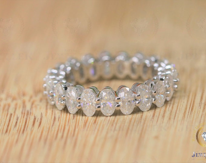 Colorless oval moissanite wedding band women white gold full eternity wedding band Unique stacking matching bridal anniversary gift in gold
