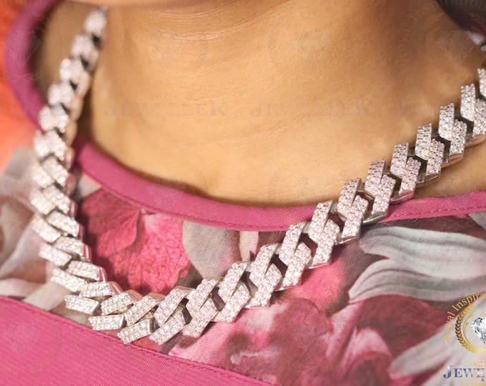 16mm 52CTW  VVS1/Colorless Moissanite Miami Cuban Chain, Hip Hop Monaco Cuban Link Chain Necklace, Iced Out 22" Chain White Gold Plated