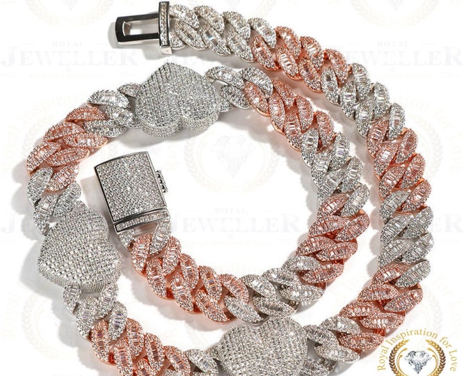 18mm 63.23CTW  VVS1/Colorless Moissanite Heart Style Cuban Link Chain, Hip Hop Heart Necklace, Iced Out 18" Chain Two/Three Tone Gold Plated