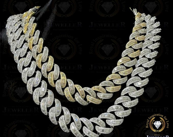 58.92CT VVS1 Moissanite Miami 2 Tone Cuban Chain, Alternate Real Diamond Men's Hip Hop Cuban Link Cuban, Iced Out Cuban Yellow Gold Plated