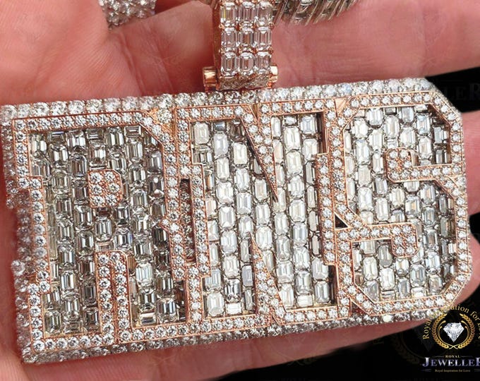 Hip Hop Iced Out Custom RNG Pendent 19.76Ctw VVS1 Colorless Emerald & Round Cut Moissanite, Miami Hip Hop Custom Pendent,3.6"X2.7" Pendent